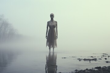 Surrealism and mysticism invisible figure in the fog on the lake shore 