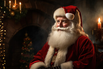 A classic image of Santa Claus, impeccably dressed and surrounded by the enchantment of holiday wonder. Generative Ai