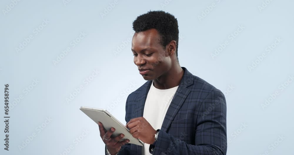 Poster happy black man, tablet and laughing for funny joke or social media against a studio background. afr