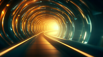 a tunnel aperture f/2.8 depth of field 3d illustration of a tunnel with connected wires and hints of yellow strong streaks of daylight shining through, impactful feel and simple, strong depth of field - obrazy, fototapety, plakaty