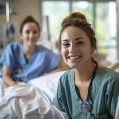 Craft a photorealistic image of a nurse reviewing a report with a smile on her face, with a patient resting on a bed in the background. The style should be akin to a professional medical photoshoot