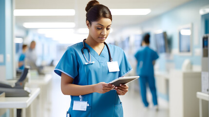 Craft a photorealistic image of a nurse with a tablet, editorial photography, standing in a clean, non-cluttered NHS England hospital environment. The style should be clean and dynamic