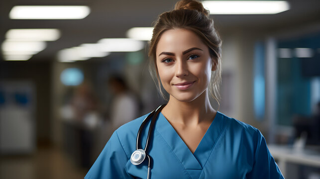 Create a photorealistic image of a nurse standing in an NHS England hospital environment, holding a tablet. The style should be akin to a professional medical photoshoot, lots of light