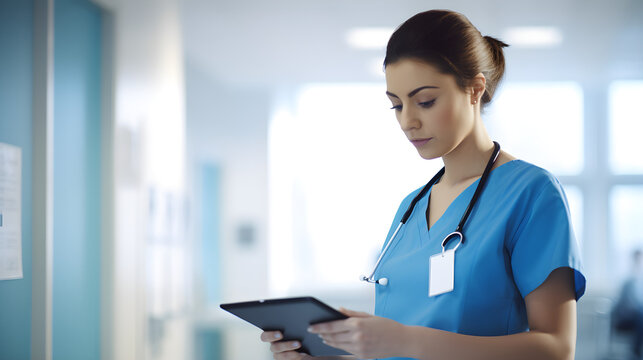 Craft a photorealistic image of a nurse with a tablet, editorial photography, standing in a clean, non-cluttered NHS England hospital environment. The style should be clean and dynamic