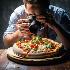 creative food photography blogger taking photo and styling pizza. Generative AI. - obrazy, fototapety, plakaty