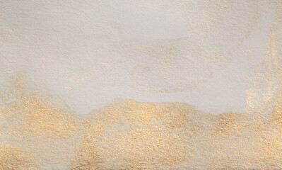 Watercolor paper grain texture painting wall. Abstract gold, nacre and beige marble copy space background.