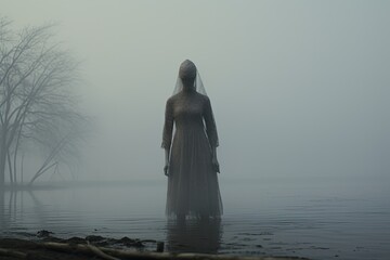Surrealism and mysticism invisible figure in the fog on the lake shore  - obrazy, fototapety, plakaty
