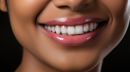 Obraz premium Generative AI, girl with beautiful white healthy teeth smiling, charming snow-white smile, dentistry advertising, oral care, mouth, face, cute woman, space for text, white background