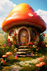 Cute mushrrom house in the praire full of flowers. Illustration. Created with generative ai technology