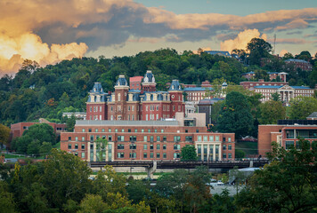 The old Woodburn Hall behind the modern Brooks Hall with Reynolds Hall on right at West Virginia...