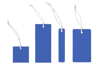 Various shape of blank blue paper label or cloth tag set isolated on white, transparent background, PNG. Price tag mockup template with copy space for brand, information. Shopping, black friday sale