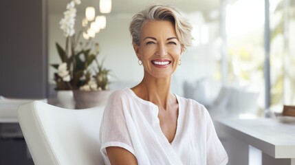 Fototapeta premium Happy 50 year old woman in light clothes relaxing in a spa salon.