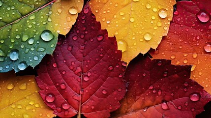 Fototapeta premium Multi-Coloured Autumn Leaf Covered with Drew Drops