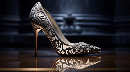 Deurstickers a luxurious pair of high-heeled stilettos with intricate lace detailing and a glossy finish, exuding timeless elegance © khoobi's ART