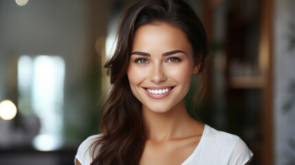 Generative AI, girl with beautiful white healthy teeth smiling, charming snow-white smile, dentistry advertising, oral care, mouth, face, cute woman, space for text, interior background - obrazy, fototapety, plakaty