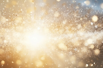 Obraz na płótnie Canvas Christmas and New Year background with snow explosion, snowflakes and golden rays. Generative AI
