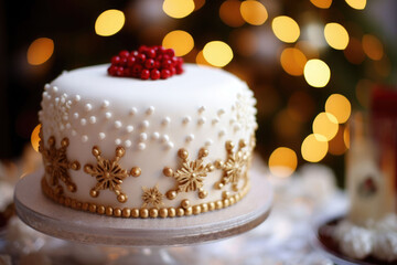 Decorated Christmas cake complete with intricate frosting design. Generative AI