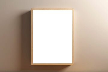 Mockup. Blank white picture with wooden frame, poster, board on beige wall indoors