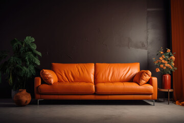 Interior design of modern living room with orange leather sofa and home plants. AI generated