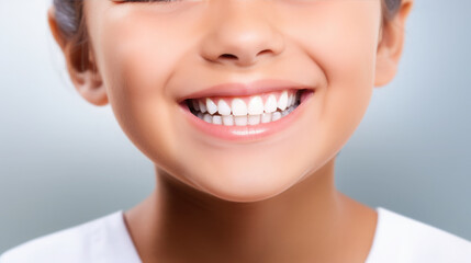 Fototapeta premium Generative AI, girl with beautiful white healthy teeth smiling, charming snow-white smile, dentistry advertising, oral care, mouth, face, cute woman, space for text, background