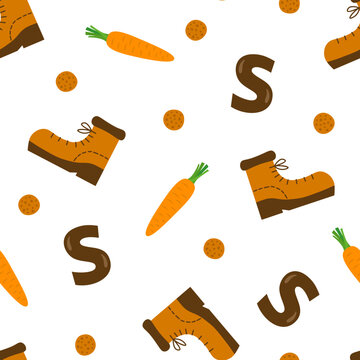 Seamless pattern with shoe, carrot, pepernoten cookies and chocolate S for Sinterklaas on white background. Sint-Nicolaas or Saint Nicholas Day wallpaper. Dutch or Belgium winter holiday celebration.