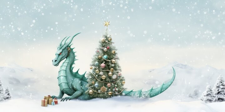 A cartoon blue dragon on a snow background and sits next to the little Christmas tree. New year illustration