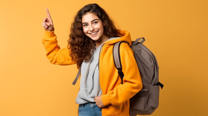 Teenager sport woman with sport bag over isolated background and looking up
