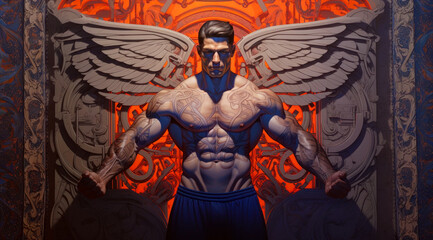 Illustration of a tattooed bodybuilder against a fire glowing stone wall with abstract ornament and angel wings
