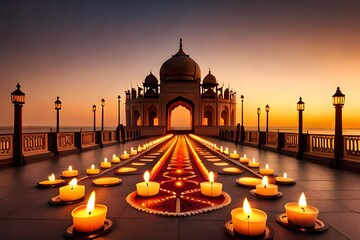  an image representing the joy of Diwali with illuminated oil lamps, intricate rangoli designs 