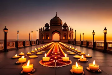 Poster  an image representing the joy of Diwali with illuminated oil lamps, intricate rangoli designs  © Shahzad