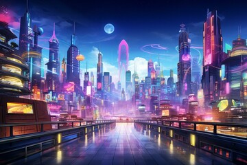 A futuristic metropolis illuminated by yellow and pink neon lights, featuring night streets and modern architecture. Generative AI - obrazy, fototapety, plakaty