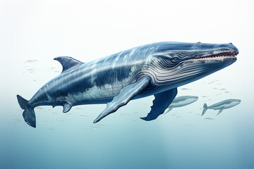 Fototapeta premium Blue whale isolated in ultra transparent white background