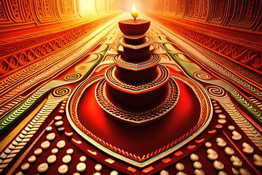  an image representing the joy of Diwali with illuminated oil lamps, intricate rangoli designs 