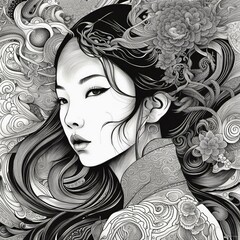phantasmagoric beautiful chinese woman, contemporary intricate linework, abstract, high detail, graphic style, beautiful and elegant