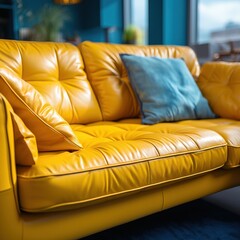 Close up of vibrant yellow sofa