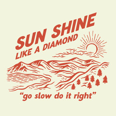 vector illustration of sunrise in the village with mountains, forests and lakes