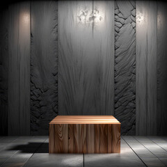 3D wooden podium with black minimalist abstract background. Generative AI