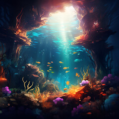 a magical sea underwater world with fish and corals.