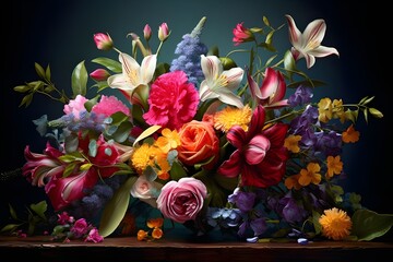 An exquisite bouquet of fresh, vibrant flowers, bursting with colors and life.