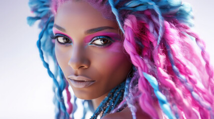 woman with wild rasta colorful pink and blue hair