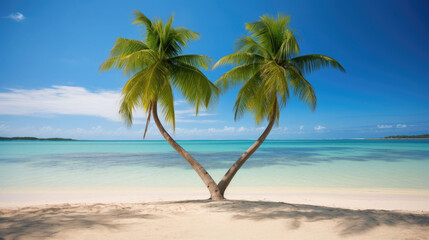 Fototapeta na wymiar heart shaped palm trees on a tropical beach with sea background