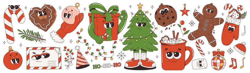 Funny retro cartoon characters on a christmas theme in trendy groovy style. 60 -70s vibes sticker set. Merry Christmas and Happy New Year. Vector Illustration.