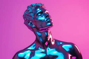 Man statue, in Hologram Style - Liquid Metal Surface - Pink Violet or Purple Background