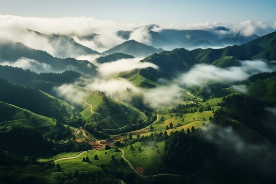 Aerial view of the enchanting Fanal forest in Madeira, Portugal, surrounded by low clouds and lush trees. Generative AI