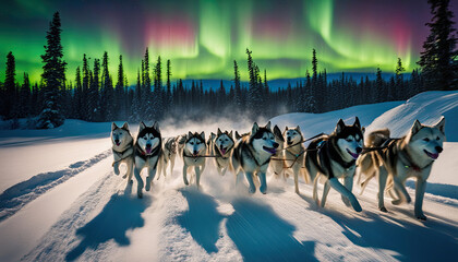 Husky Sled Dogs Beneath the Aurora: Canadian Arctic Adventure - obrazy, fototapety, plakaty