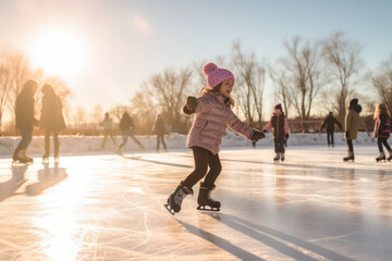 Joyful ice skating session on a frozen pond or rink, capturing the magic of winter sports. Generative Ai - obrazy, fototapety, plakaty