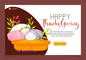 Illustration of colorful thanks giving banner with pumpkin pie and pumpkins
