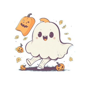 Charming Vintage Halloween: Retro Ghost Costume Cute Illustration with Cartoon Ghost Character