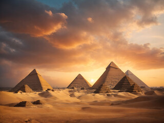 Egyptian pyramids at sunset and dramatic sky. - obrazy, fototapety, plakaty