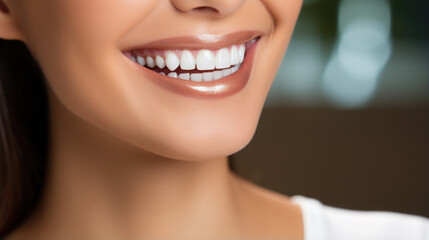 Obraz premium Generative AI, girl with beautiful white healthy teeth smiling, charming snow-white smile, dentistry advertising, oral care, mouth, face, cute woman, space for text, interior background